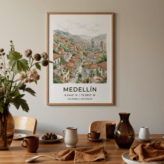 Medellin City art print of an urban hillside neighbourhood in watercolour above a dining table