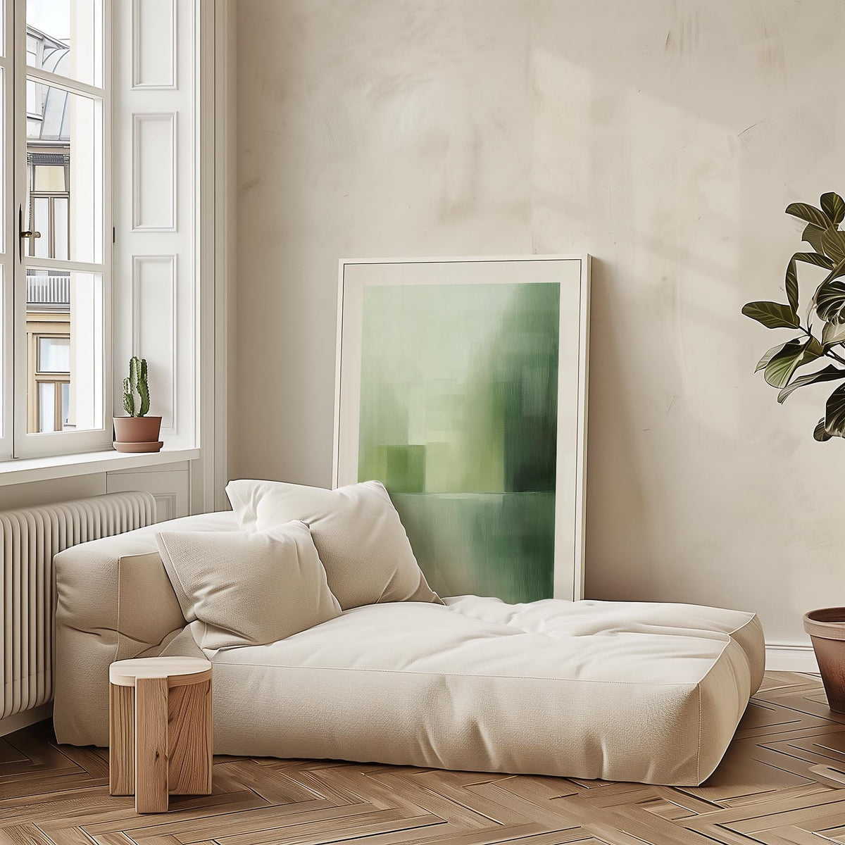 Print leaning on a cream sofa with cushions green abstract wall art reflected in shades of green with a cactus pot