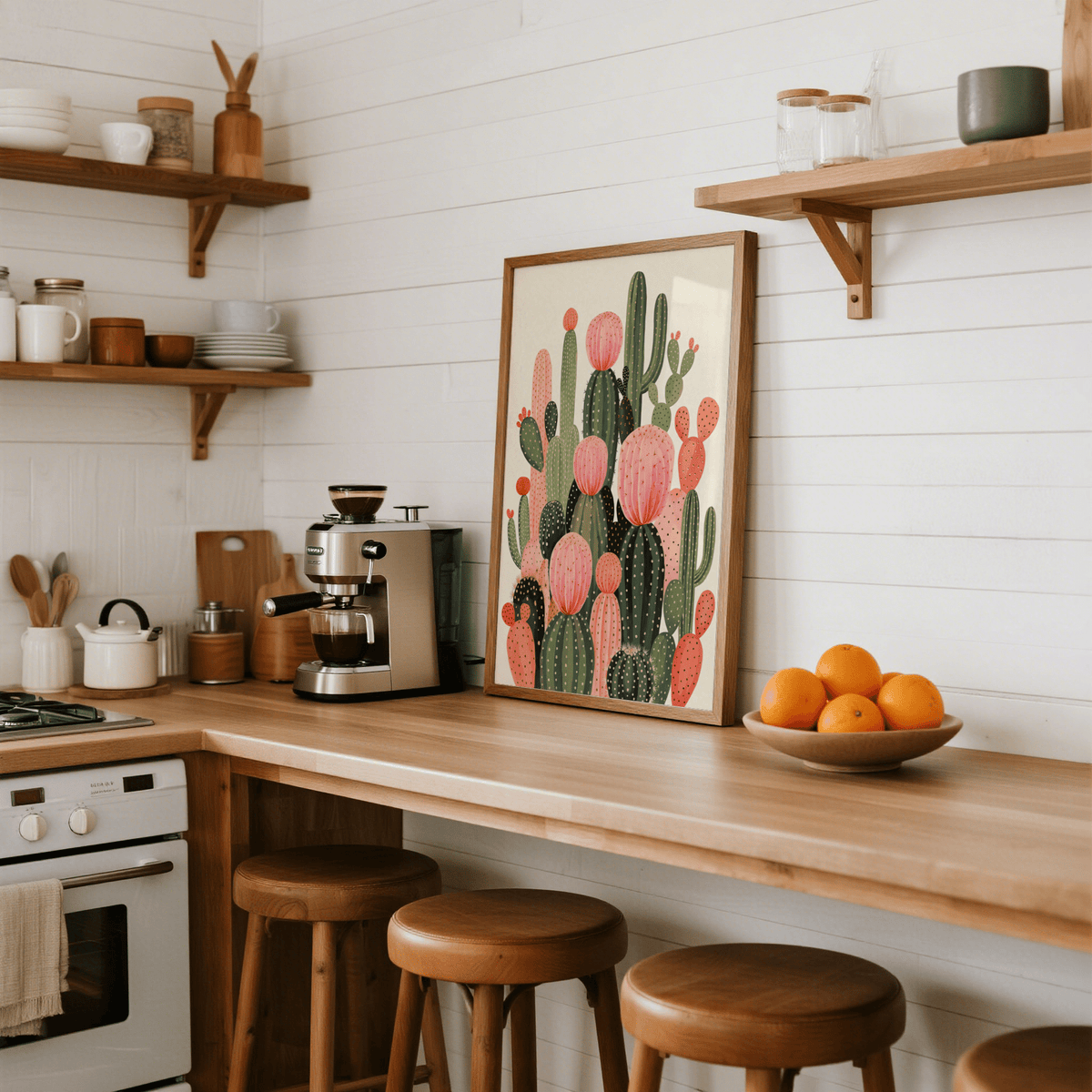 Cactus Print leaning on a kitchen counter with oranges in a bowl alongside wooden stools