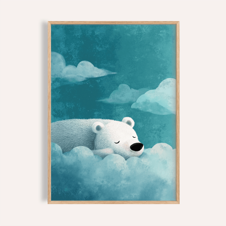 Framed polar bear wall art of a sleeping bear among soft blue clouds