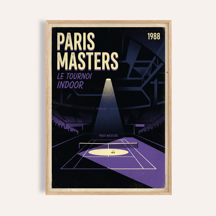 Framed print close-up of Paris Masters Art Print with minimalist purple and black indoor tennis court