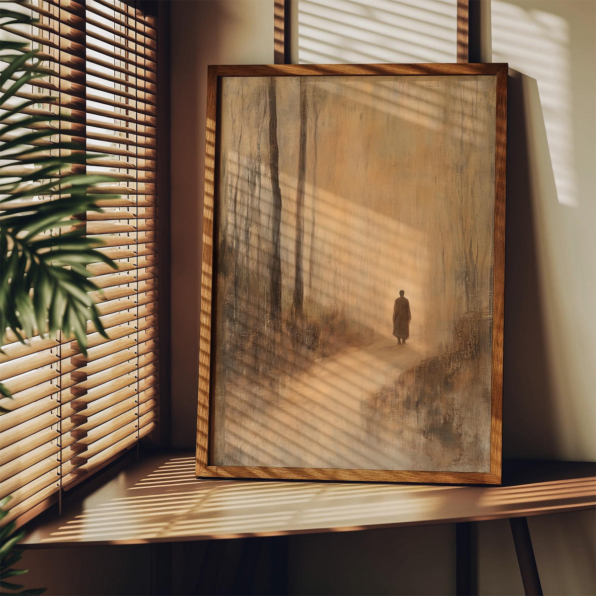 Framed Antique Japanese Prints wall art of a monk walking in a misty forest with brown tones on a wooden shelf with a plant