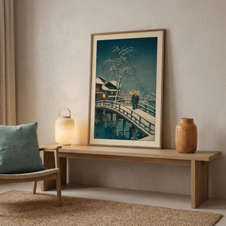 Framed Hasui Kawase snow print of a snowy bridge with two people on a wooden bench