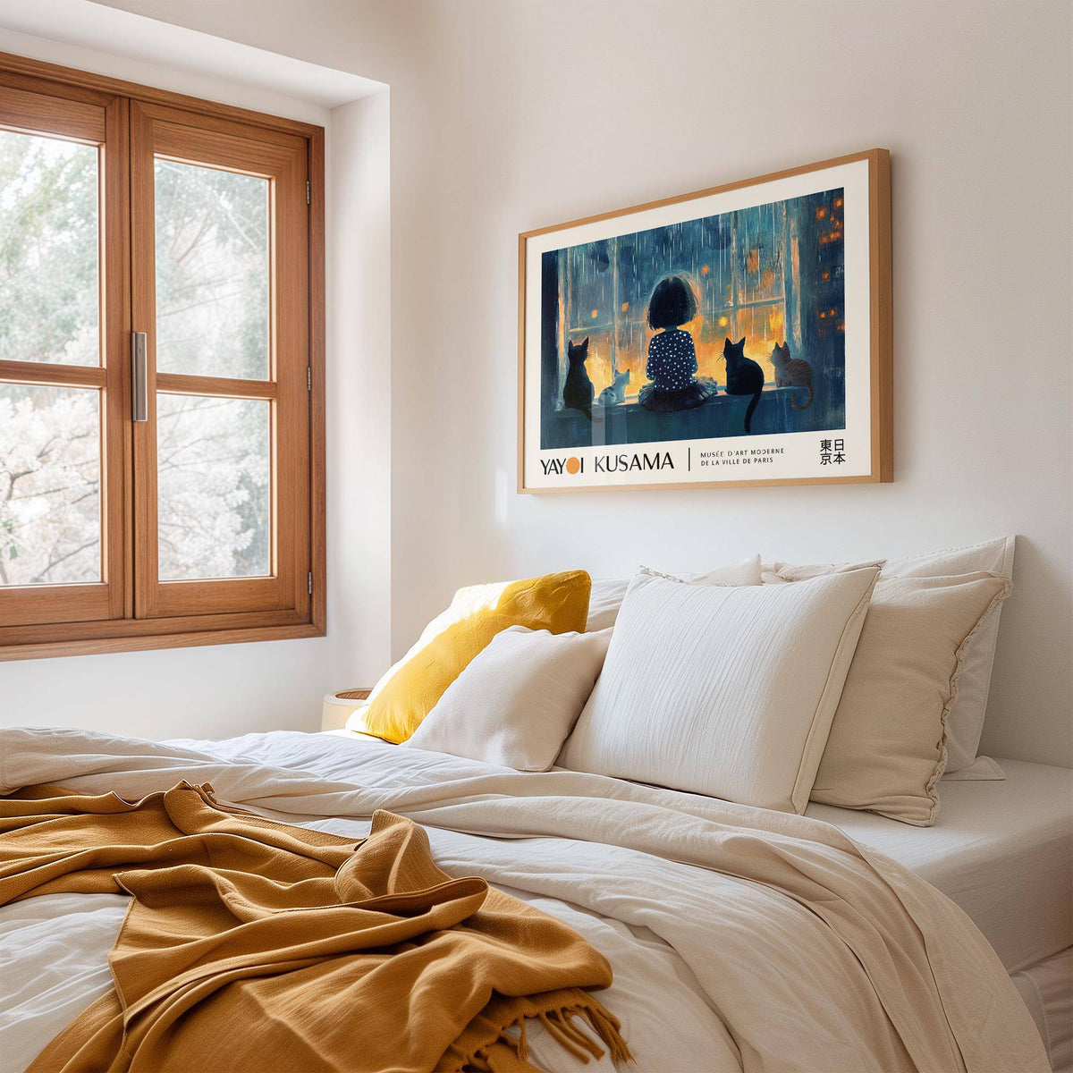 Cat wall decor of girl and cats by a window in blue and orange above a bed with mustard throw