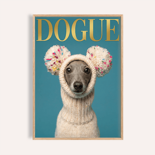 Fashion Dog Poster of a grey dog in a cream knit hat with colourful pom poms on blue background