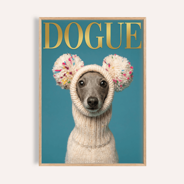 Fashion Dog Poster of a grey dog in a cream knit hat with colourful pom poms on blue background