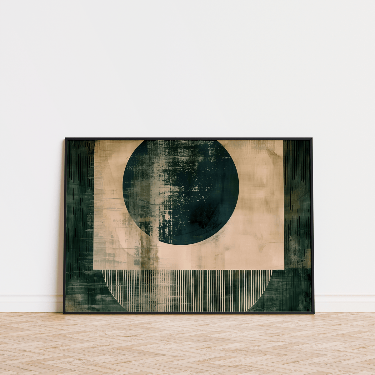 Abstract Geometric Poster leaning against a white wall with beige and dark green shapes on a wooden floor