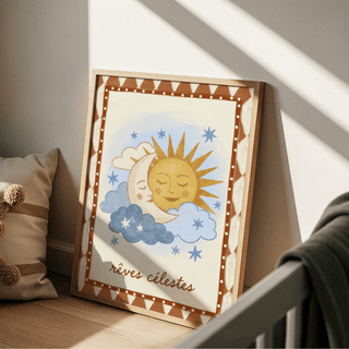 Moon and sun print leaning on floor with folk-art sun and moon faces and soft blue clouds near a cushion
