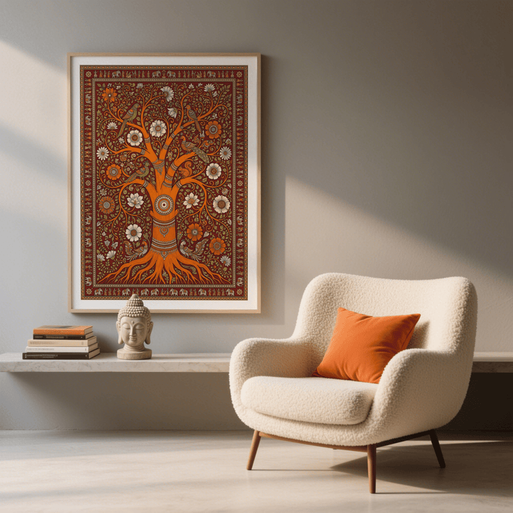 Print on a wall of Tree Of Life Art with an orange decorative tree and detailed flowers above a Buddha head sculpture