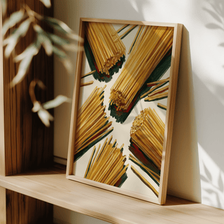 Print leaning on a shelf of dry spaghetti bundles in yellow and brown tones with soft natural light