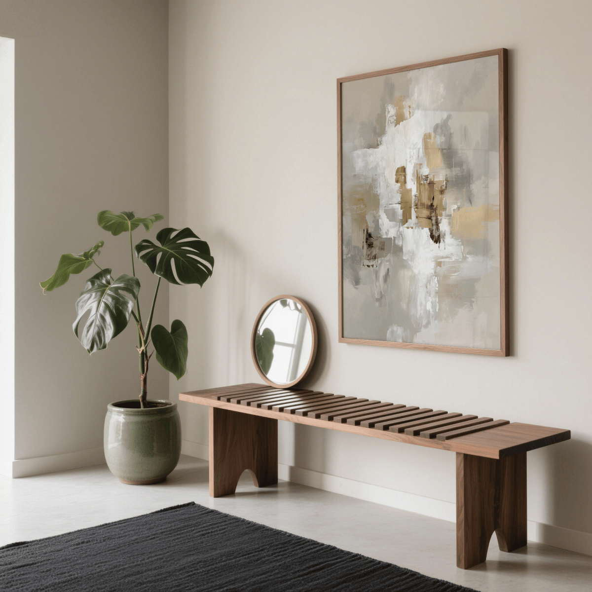 Neutral Tones Art print with beige and white brushstrokes above a wooden bench and round mirror in a minimalist room