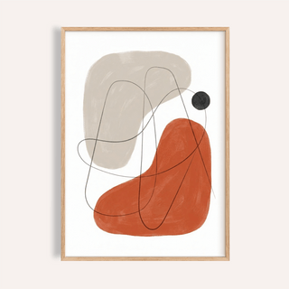 Framed Simple Abstract Art with beige and rust abstract shapes and black curved lines