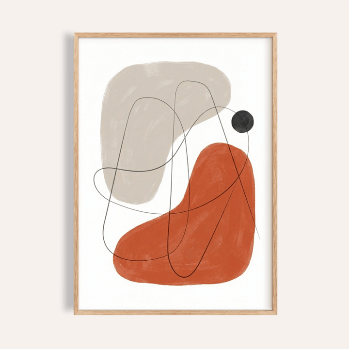 Framed Simple Abstract Art with beige and rust abstract shapes and black curved lines