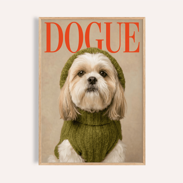 Framed Shih Tzu wall print of a dog wearing a green knitted sweater and hat