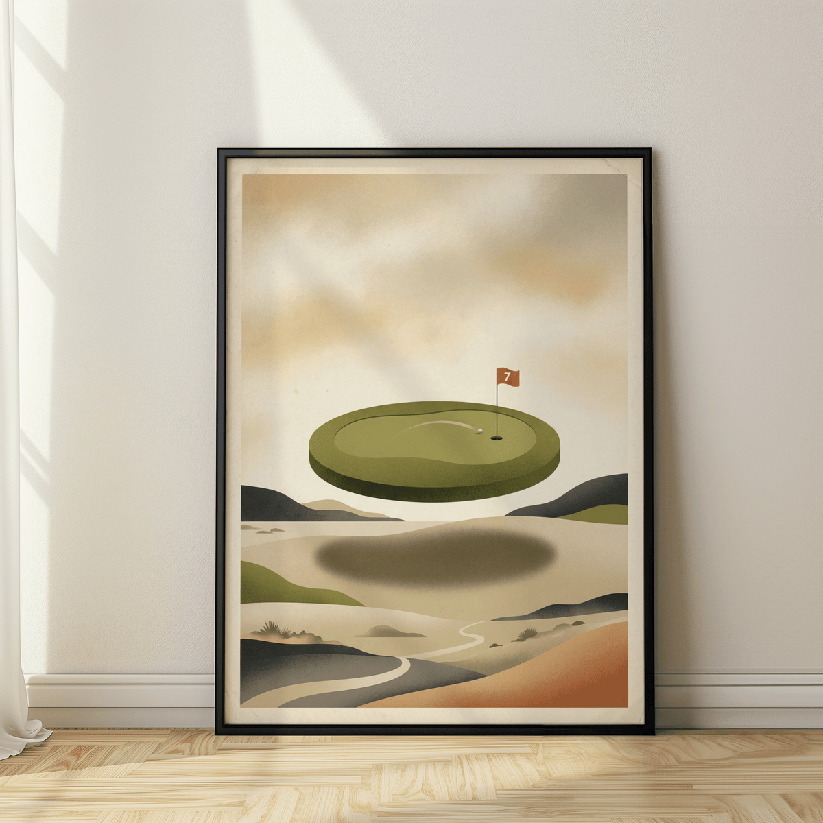 Framed close-up of floating golf green abstract golf wall art in neutral tones