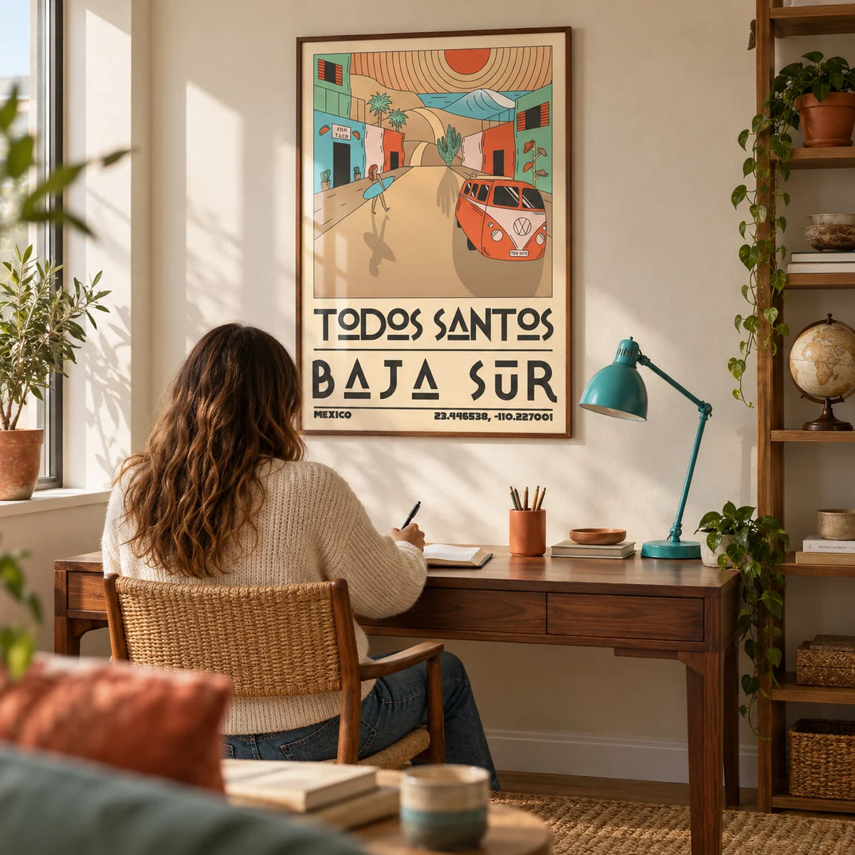 Baja Sur Art Print, framed on the wall of a relaxed home study for a travel-loving adult in a UK flat with a warm ivory wall