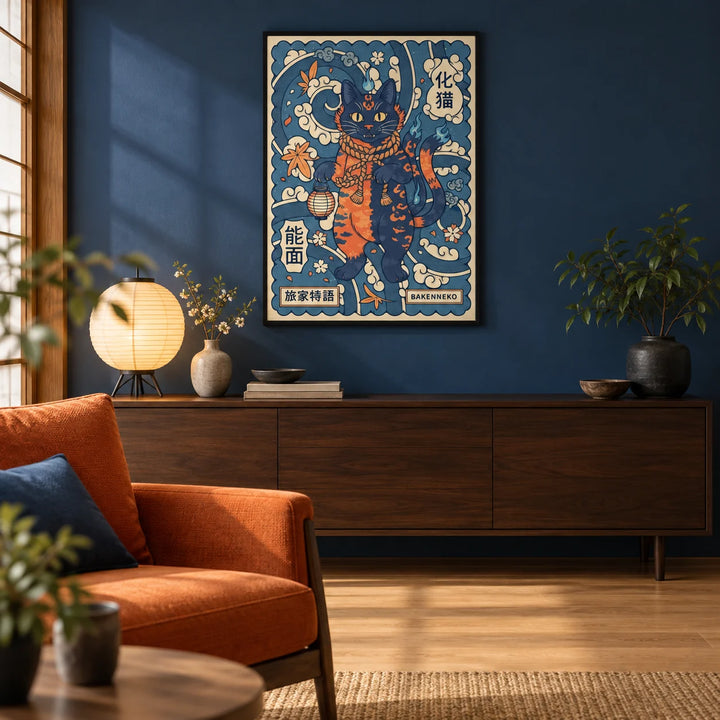 Bakeneko Art, framed on the wall of a Japanese-modern living room with a deep indigo painted wall and a plain oak floor