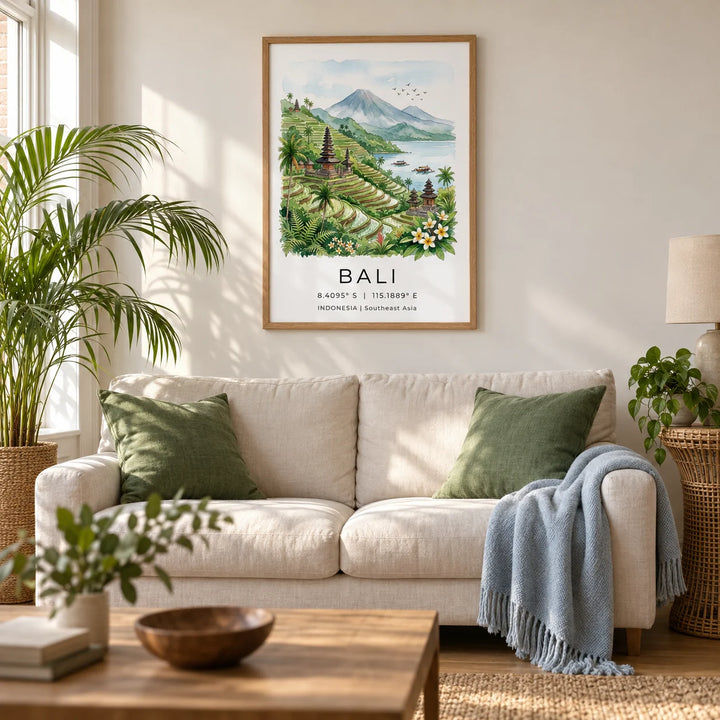 Bali Landscape Art Print, framed on the wall of a calm living room in a UK terraced home with warm white plaster walls