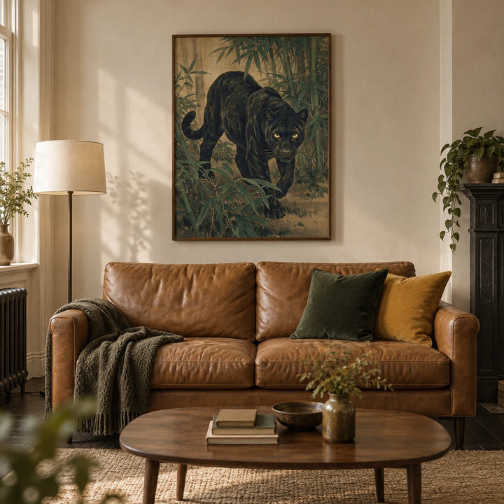 Bamboo Jungle Print, framed on the wall of a characterful living room in a Victorian terrace with warm ivory plaster walls