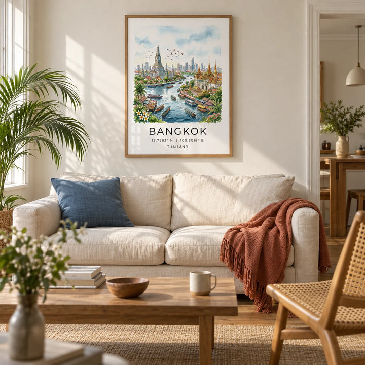 Bangkok City Art Print, framed on the wall of a relaxed living room in a UK terraced house with warm white plaster walls