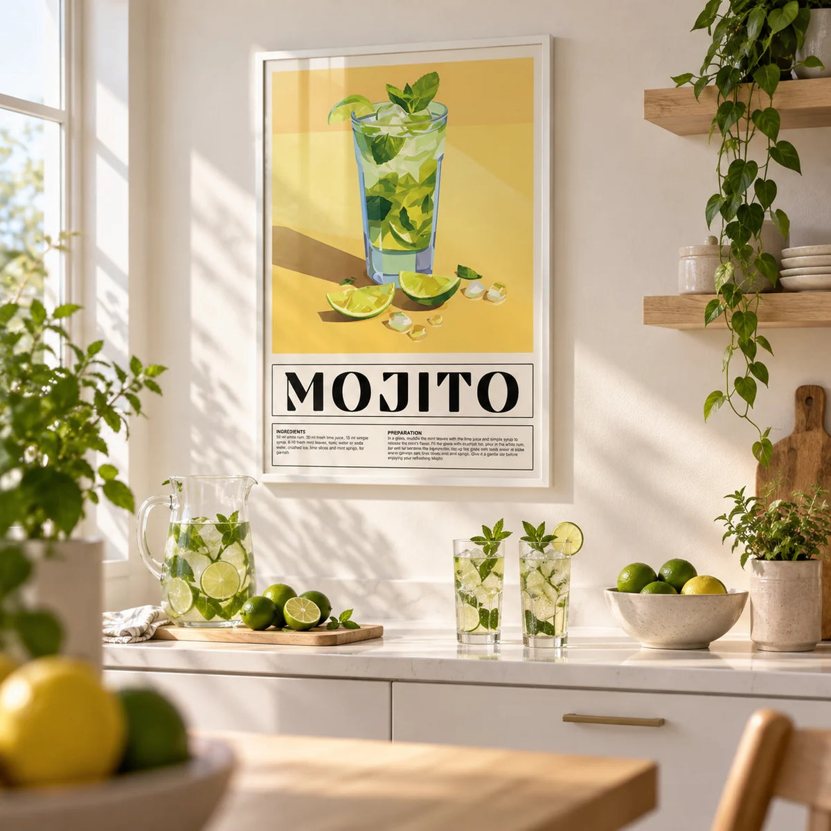 Bar Decor for Home, framed on the wall of a bright kitchen
