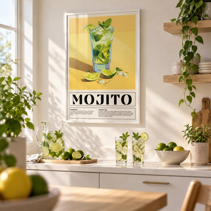 Bar Decor for Home, framed on the wall of a bright kitchen