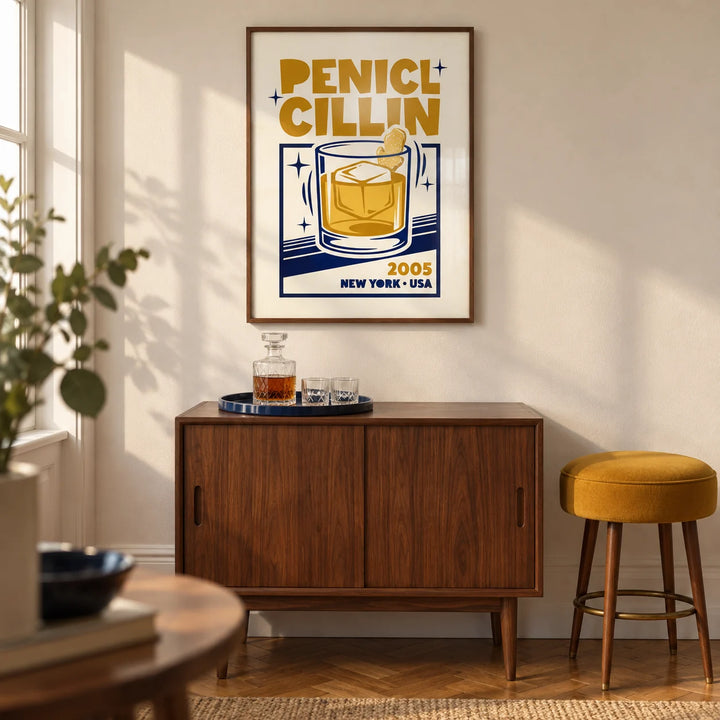 Bar Decor Wall Art, framed on the wall of a compact mid-century home bar in a UK city flat with an ivory wall and oak parquet floor in a living room