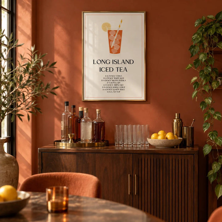 Bar Sign Decor, framed on the wall of a warm home bar with a deep terracotta wall