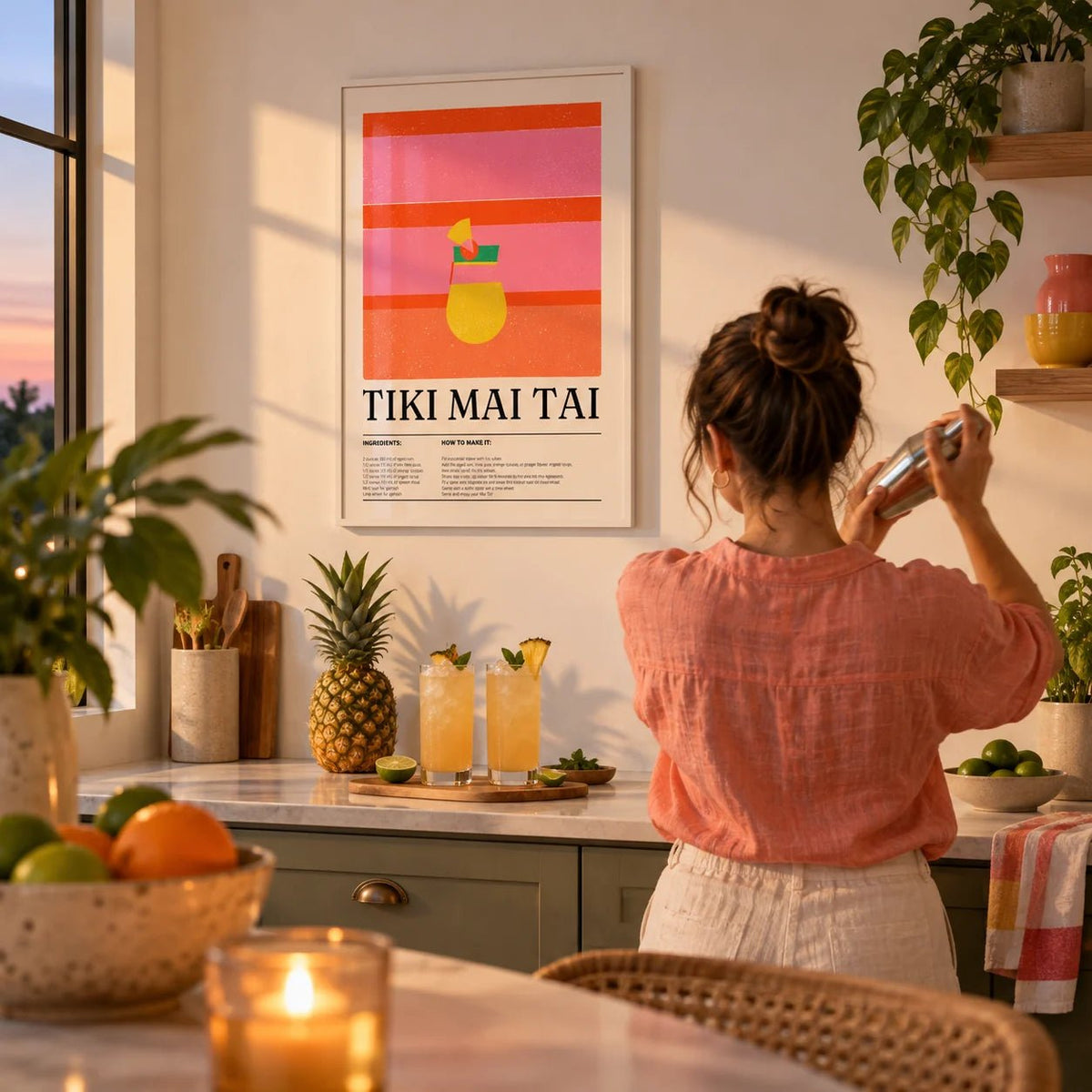Bar Wall Art, framed on the wall of a bright kitchen with a white wall