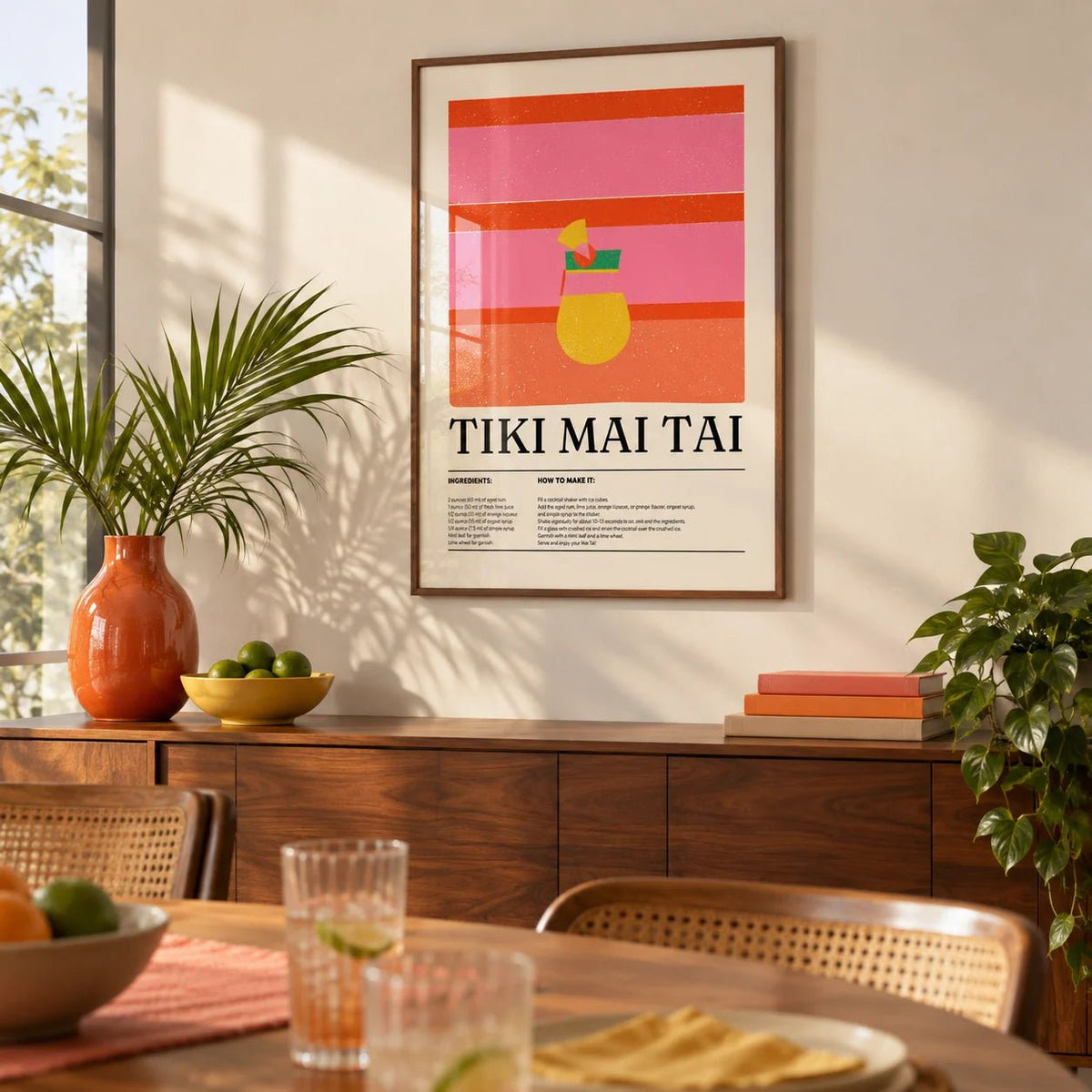 Bar Wall Art, framed on the wall of a dining room with a warm white wall