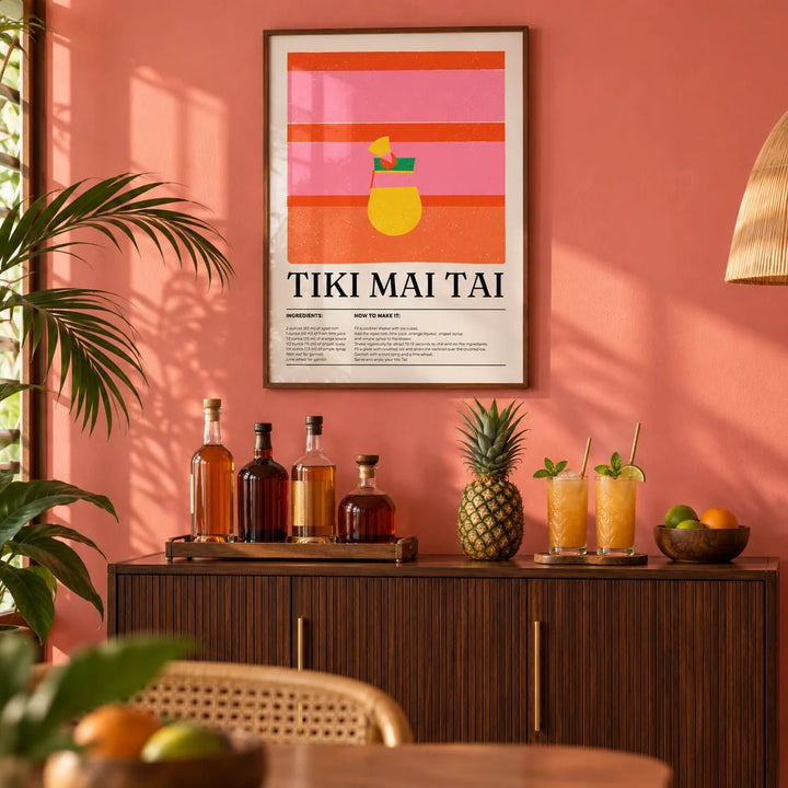 Bar Wall Art, framed on the wall of a warm tropical-modern home bar with a coral pink painted wall