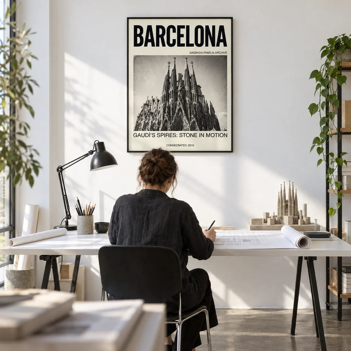 Barcelona Architecture Poster, framed on the wall of an architect's home studio with a white wall and a concrete floor in a home office