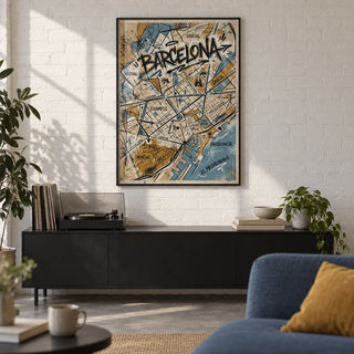 Barcelona City Map Art, framed on the wall of a first-flat living room (22-30) with a white brick wall and a concrete floor