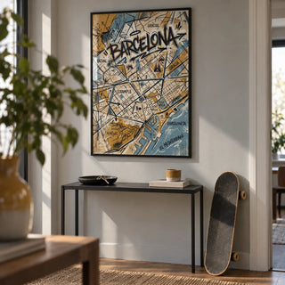 Barcelona City Map Art, framed on the wall of an urban flat hallway with a pale grey wall