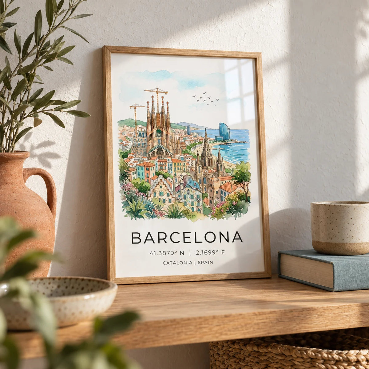 Barcelona Watercolor Poster, a small A4 framed print leaning on an oak shelf in a living room