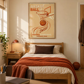 Basketball Art Print, framed on the wall of a basketball-loving teenager's single bedroom (13-17) in a UK terraced house with a warm cream wall and oak floor