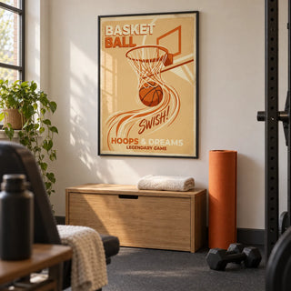 Basketball Art Print, framed on the wall of a compact home gym in a converted UK spare room with a warm off-white wall and plain charcoal rubber flooring