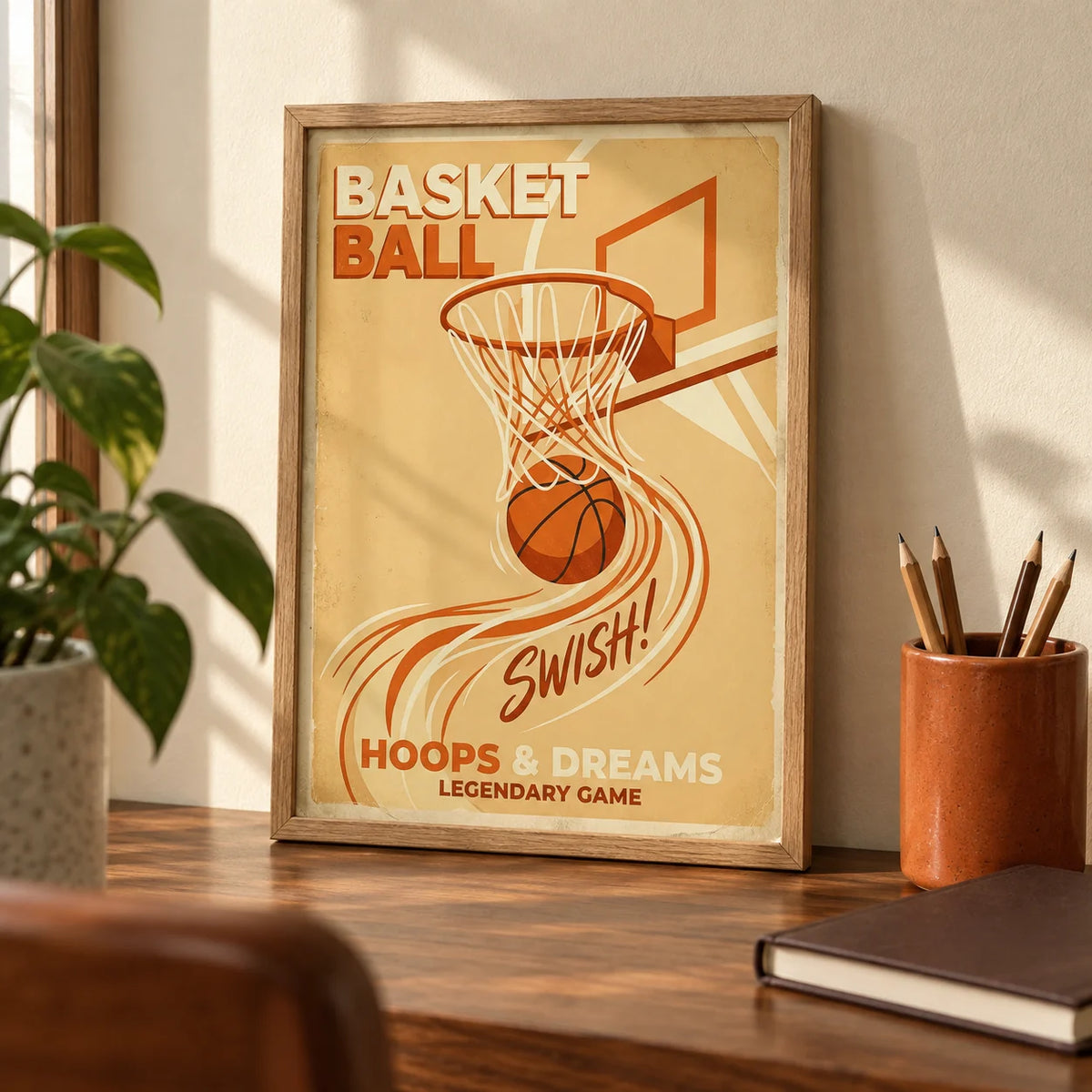 Basketball Art Print, a small A4 framed print leaning on a walnut desk