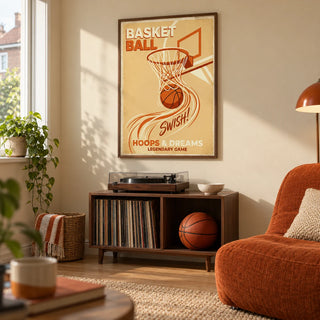 Basketball Art Print, framed on the wall of a small basketball fan's games room in a UK semi-detached house with a warm beige wall and a plain oak floor in a living room