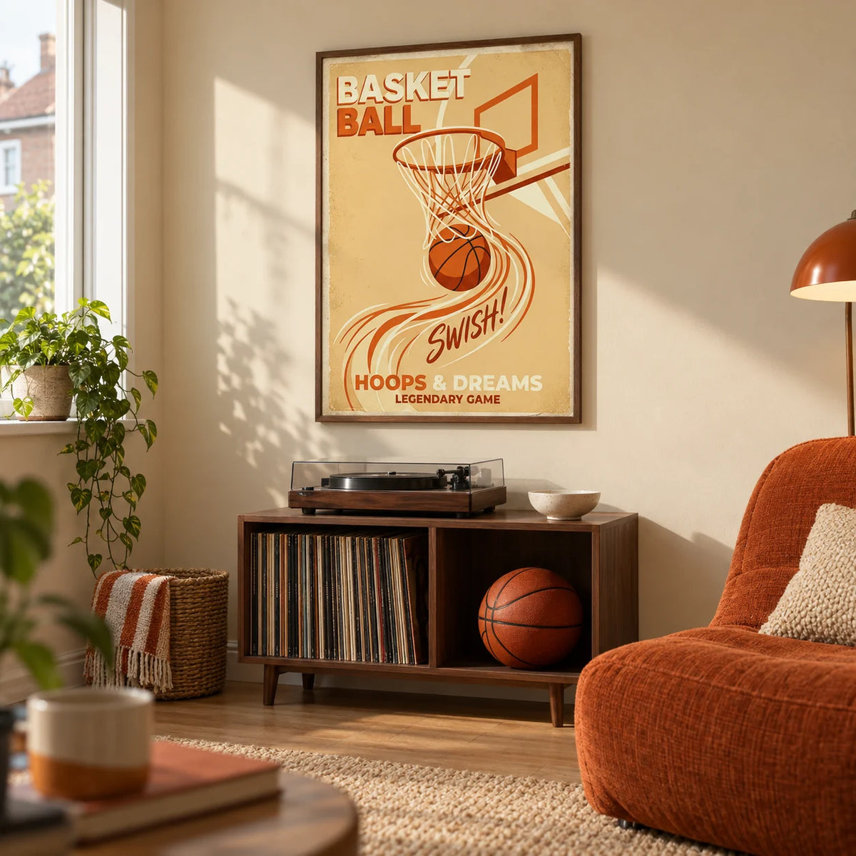 Basketball Art Print, framed on the wall of a small basketball fan's games room in a UK semi-detached house with a warm beige wall and a plain oak floor in a living room