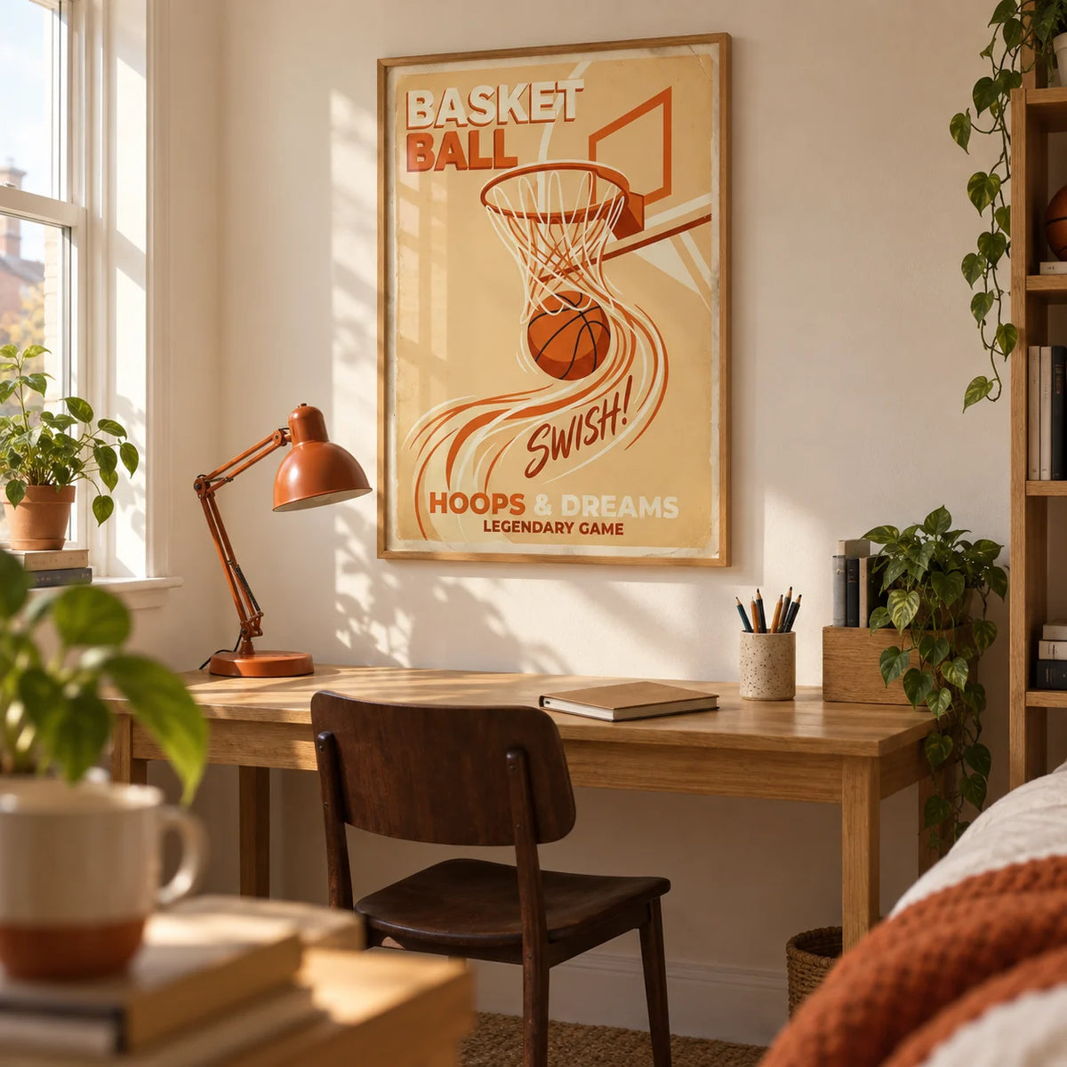 Basketball Art Print, framed on the wall of an university student's study corner (18-21) in a UK shared house with a pale cream wall and simple wooden furniture