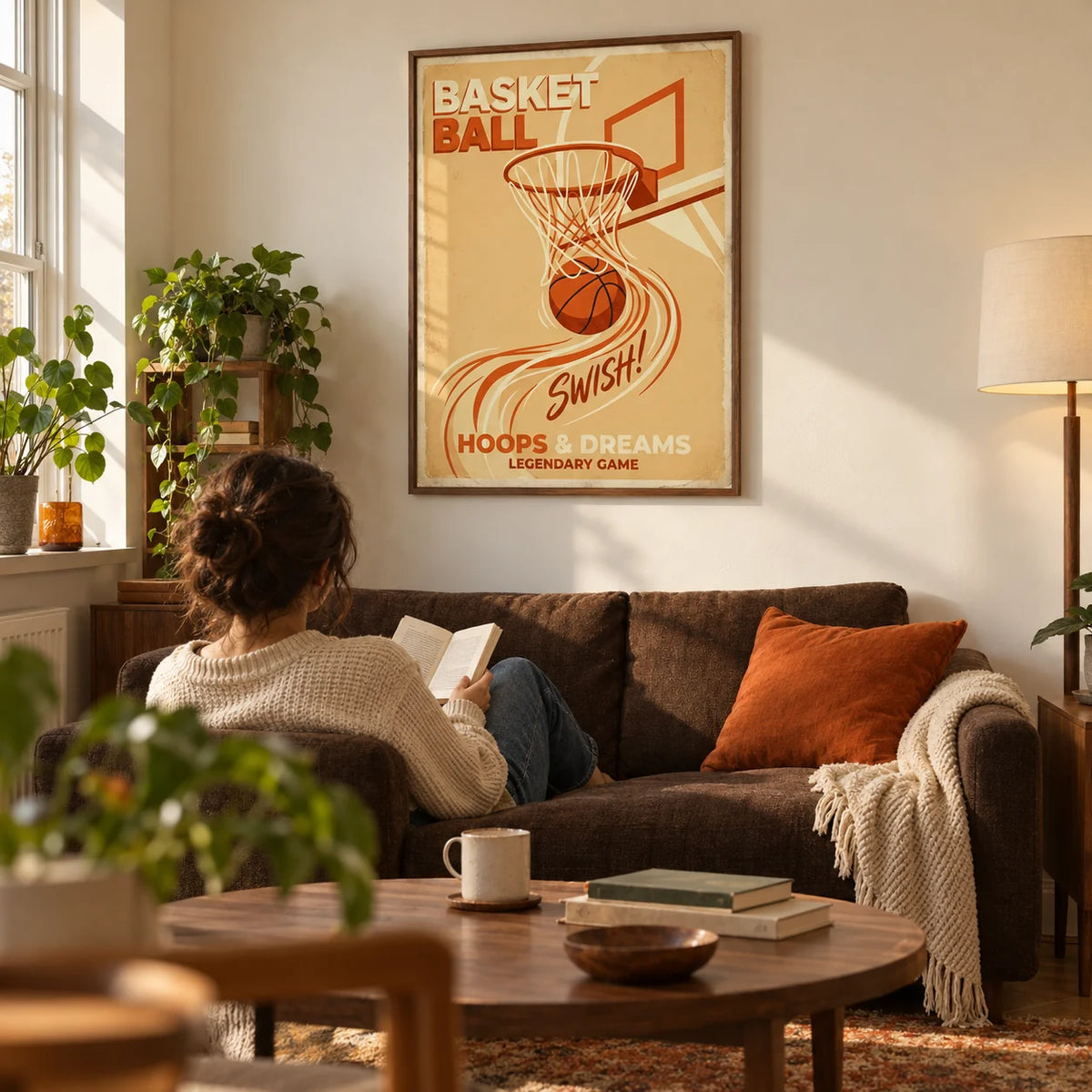 Basketball Art Print, framed on the wall of a warm retro living room in a young adult's first UK flat (22-28) with a pale cream wall and walnut furniture