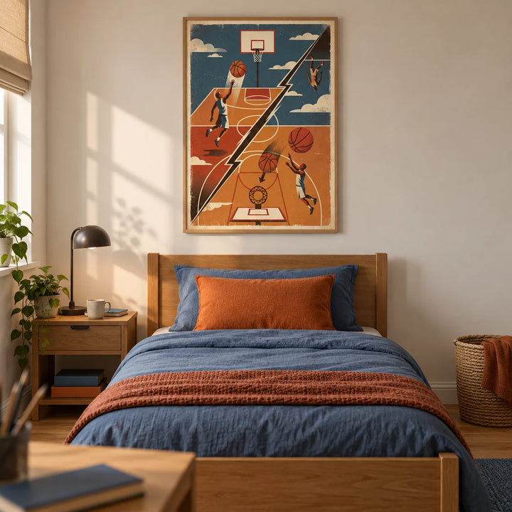 Basketball Art Print, framed on the wall of a retro-inspired single bedroom for a basketball-loving teenager (13-17) in a UK family home