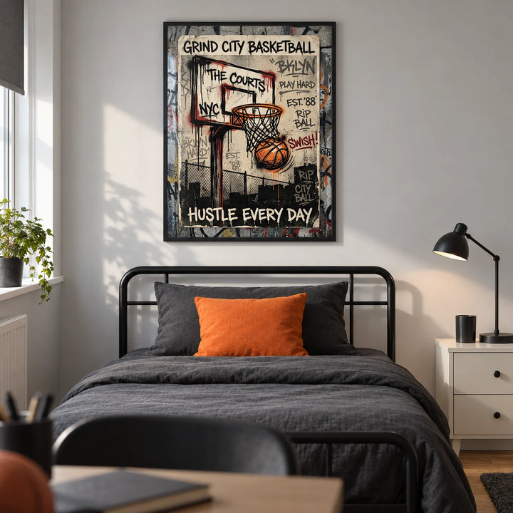 Basketball City Wall Art, framed on the wall of a modern basketball fan's single bedroom in a UK family home