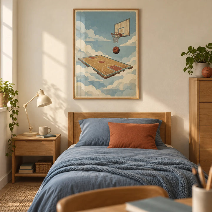 Basketball Court Art Print, framed on the wall of a basketball-loving teenager's single bedroom (13-17) in a UK family home
