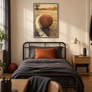Basketball Court Wall Art, framed on the wall of a basketball-loving teenager's single bedroom (13-17) in a UK family home