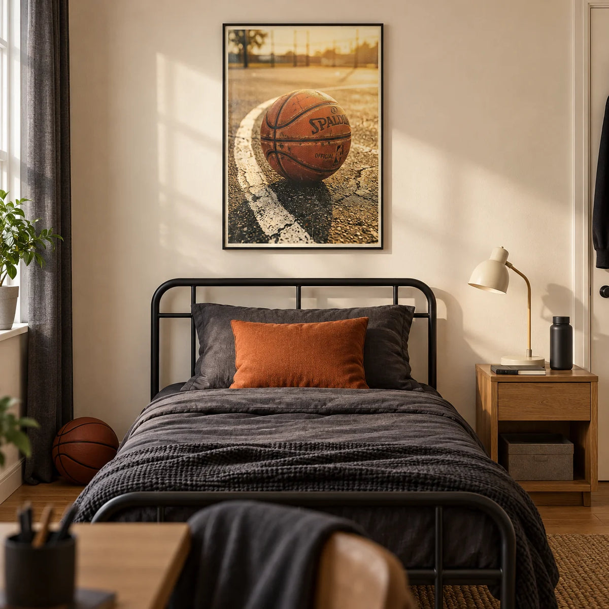 Basketball Court Wall Art, framed on the wall of a basketball-loving teenager's single bedroom (13-17) in a UK family home