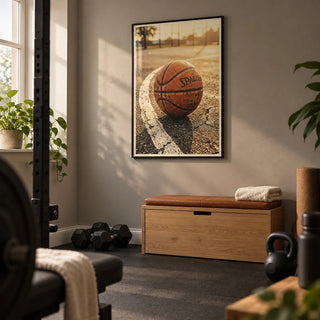 Basketball Court Wall Art, framed on the wall of a compact home gym in a converted UK spare room