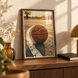 Basketball Court Wall Art, a small A4 framed print leaning on a walnut shelf in a living room