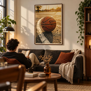 Basketball Court Wall Art, framed on the wall of a warm modern living room in a basketball fan's first UK flat (22-28)